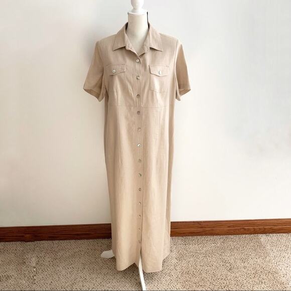 Studio C Plus Tan Linen Blend Button Front Shirtdress Long Modest Dress Size 16W - Picture 1 of 5